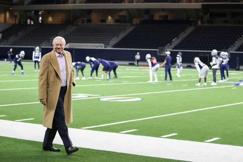 Cowboys owner Jerry Jones watches the team practice on Thursday, Jan. 3, 2019, at The Star...