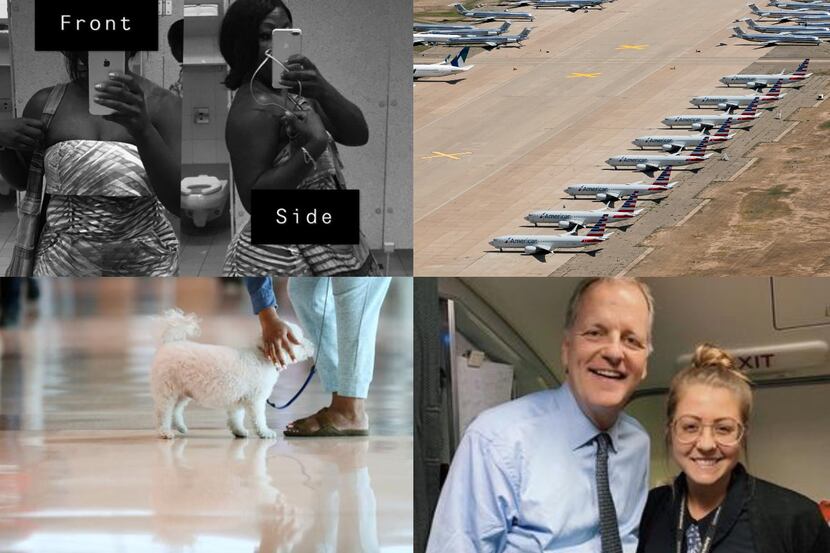 Top left: American Airlines passenger Tisha Rowe shows the romper that she had to cover up...