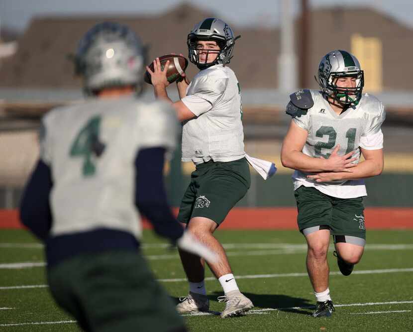 Quarterback Josh Foskey (10) throws the ball during Frisco Reedy's practice at Rick Reedy...