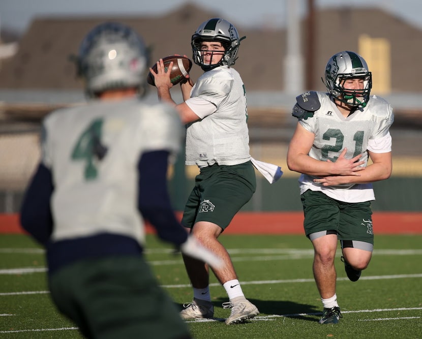 Quarterback Josh Foskey (10) throws the ball during Frisco Reedy's practice at Rick Reedy...