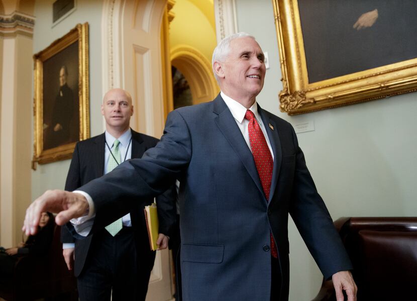 Vice President Mike Pence arrives on Capitol Hill in Washington, Tuesday, March 14, 2017,...