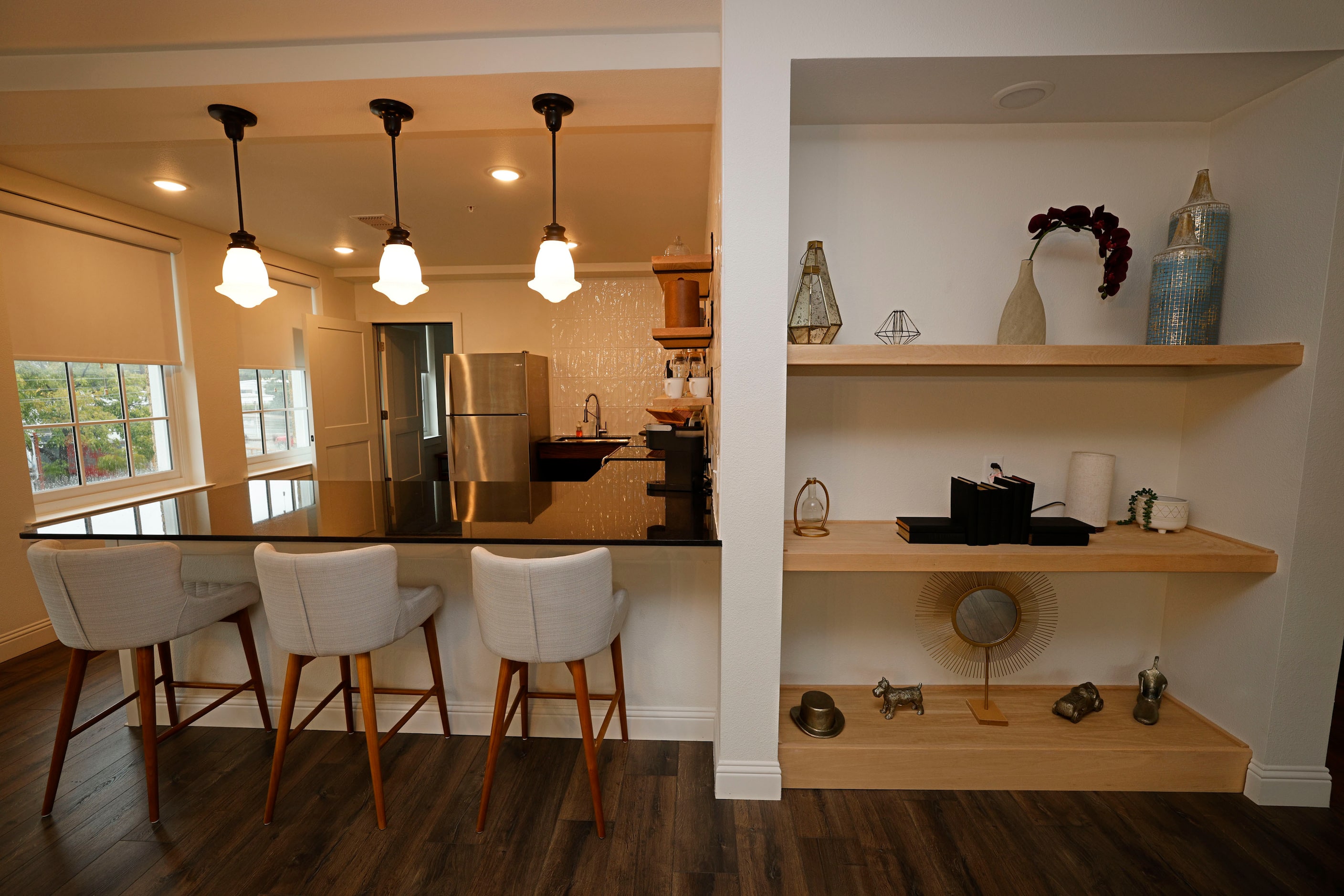 The hotel rooms at the Crazy Water Hotel in Mineral Wells have spacious kitchens.