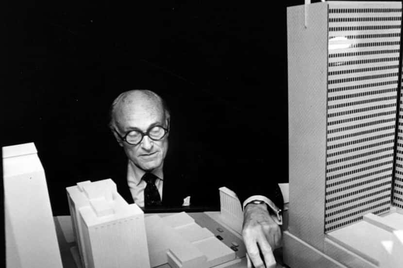 Philip Johnson shows a scale model of Dallas' Thanks-Giving Square in 1971. 