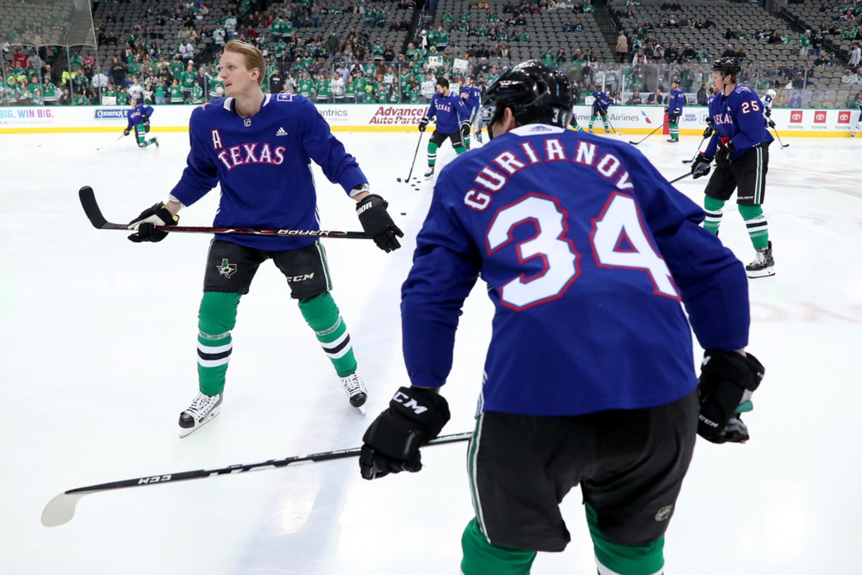 DALLAS, TEXAS - JANUARY 19: John Klingberg #3 of the Dallas Stars, Denis Gurianov #34 of the...