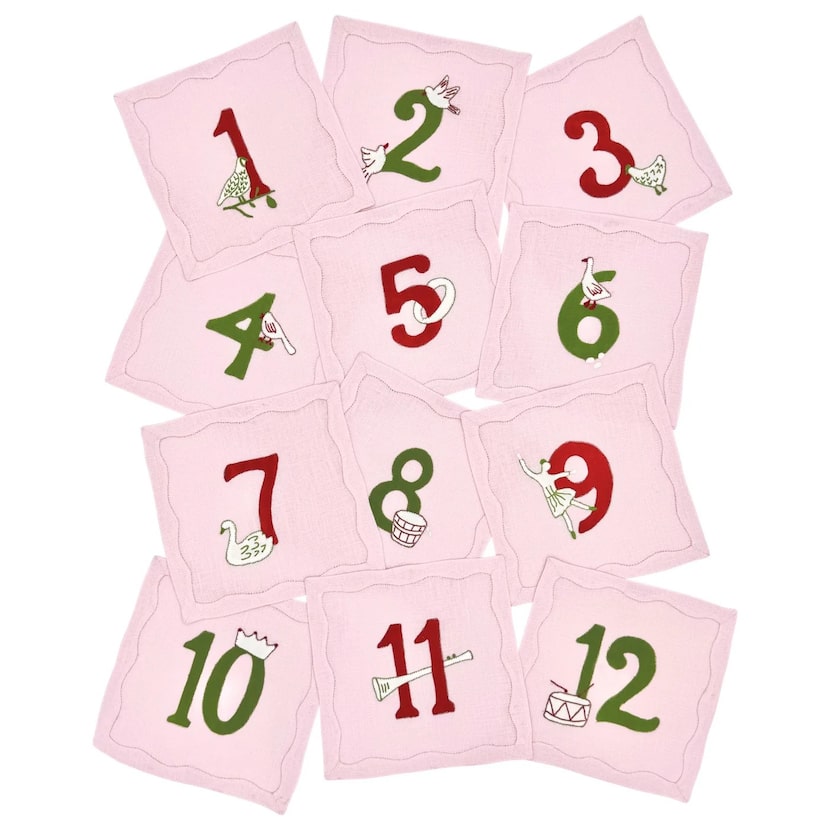 Pink cocktail napkins numbered 1 to 12