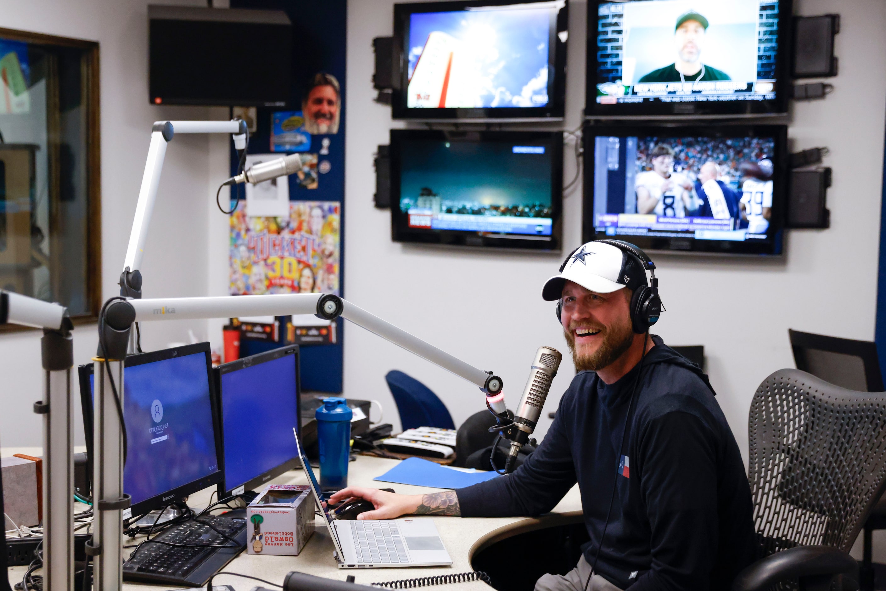  "The Ticket" host Matt McClearin (left) reacts towards  his co-host Donovan Lewis during a...