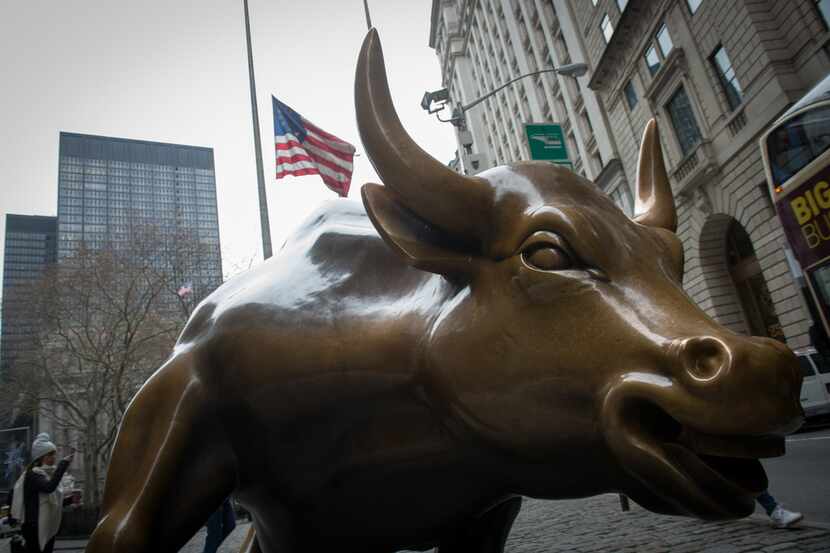 The Wall Street bull sculpture in the Financial District in New York. 