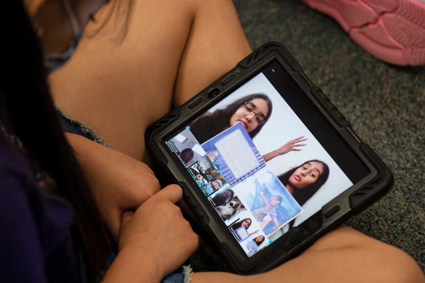 Coppell high school juniors Aarushi Jaiswal, left, and Veda Kanamarlapudi, seen on a tablet,...