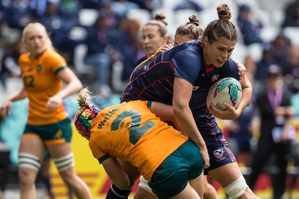 Ilona Maher of the U.S. is tackled by Sharni Williams of Australia in a semifinal of the...