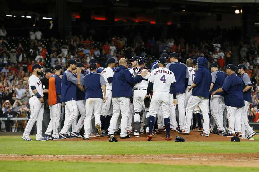 HOUSTON, TX - MAY 01:  Both benches emptied in the sixth inning after Lance McCullers Jr. of...