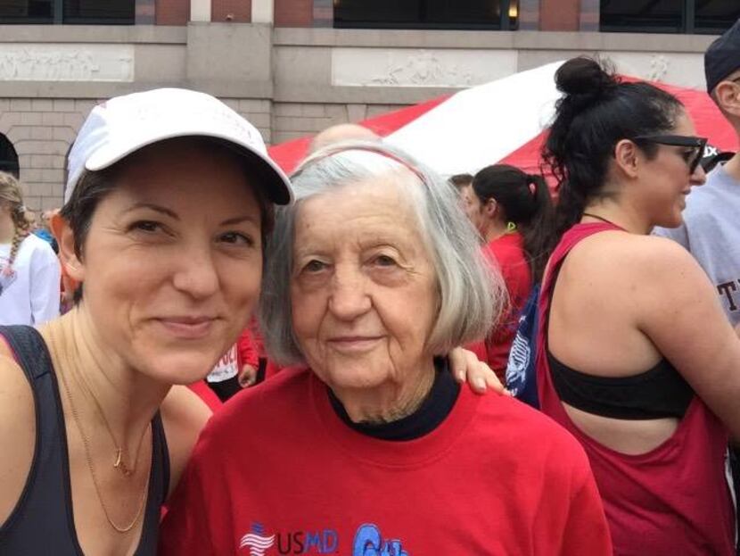 Aransas Savas of Brooklyn, N.Y., with her grandmother, Rosemary Baker, following a race.