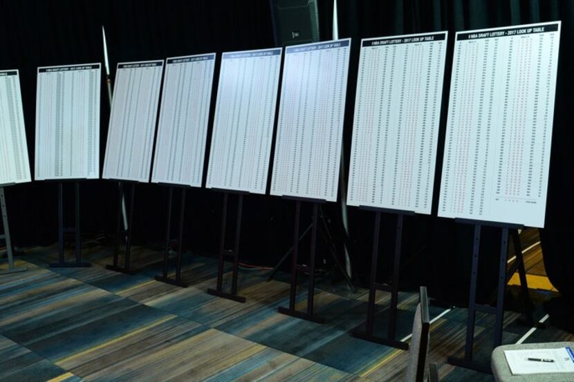 A look inside the back room at the NBA draft lottery, where presentation boards display all...