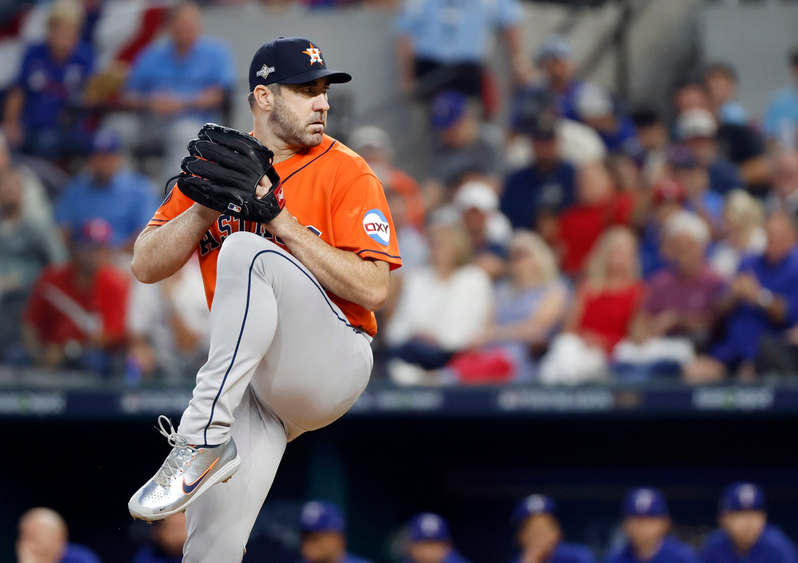 Houston Astros starting pitcher Justin Verlander throws against the Texas Rangers during the...