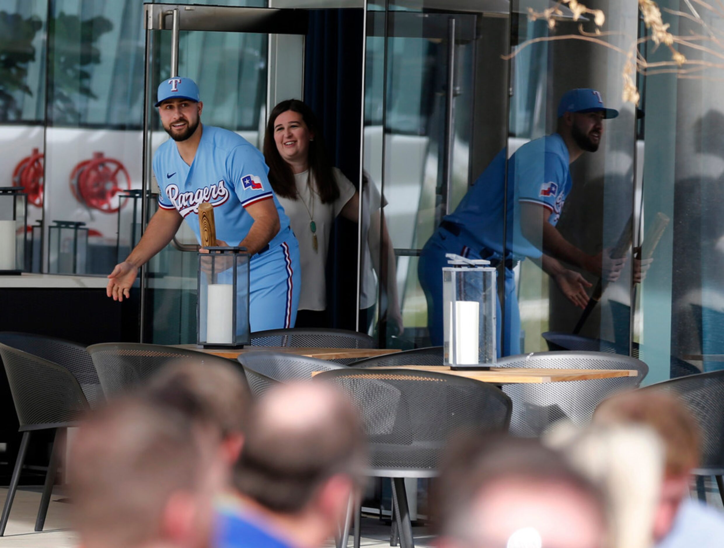 Texas Rangers Joey Gallo walks the aisle during the unveiling of the 2020 uniforms at Live!...