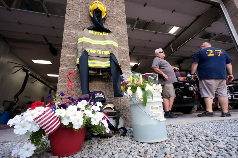 A memorial is seen Tuesday, July 16, 2024, outside the Buffalo Township Volunteer Fire...