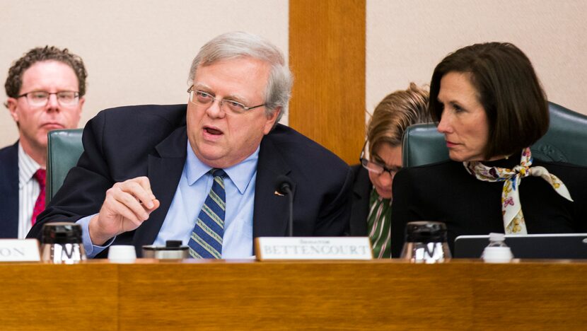 Sen. Paul Bettencourt, shown at a February committee hearing, declined to respond directly...