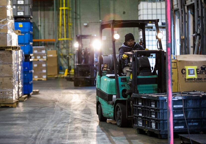 Francisco Garza drives a forklift through the Bespoke-Logistics warehouse in January, 2018...