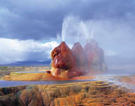 Fly Geyser, a small geothermal geyser now owned by the nonprofit Burning Man Project, north...