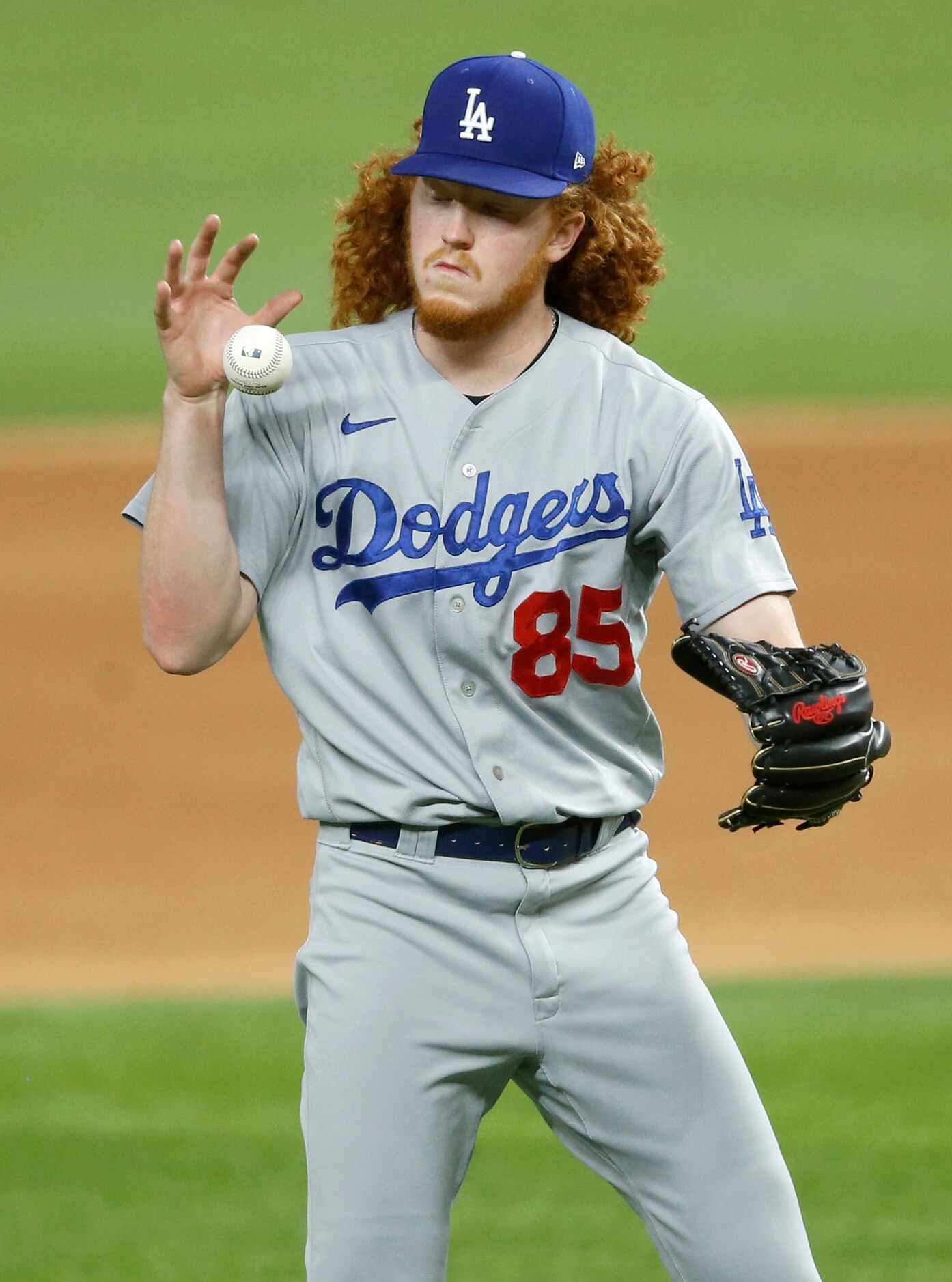 Los Angeles Dodgers starting pitcher Dustin May (85) prepares to pitch against the Atlanta...