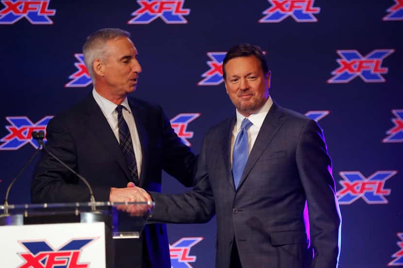 FILE - Oliver Luck, XFL CEO and commissioner introduces Bob Stoops, new head coach and...