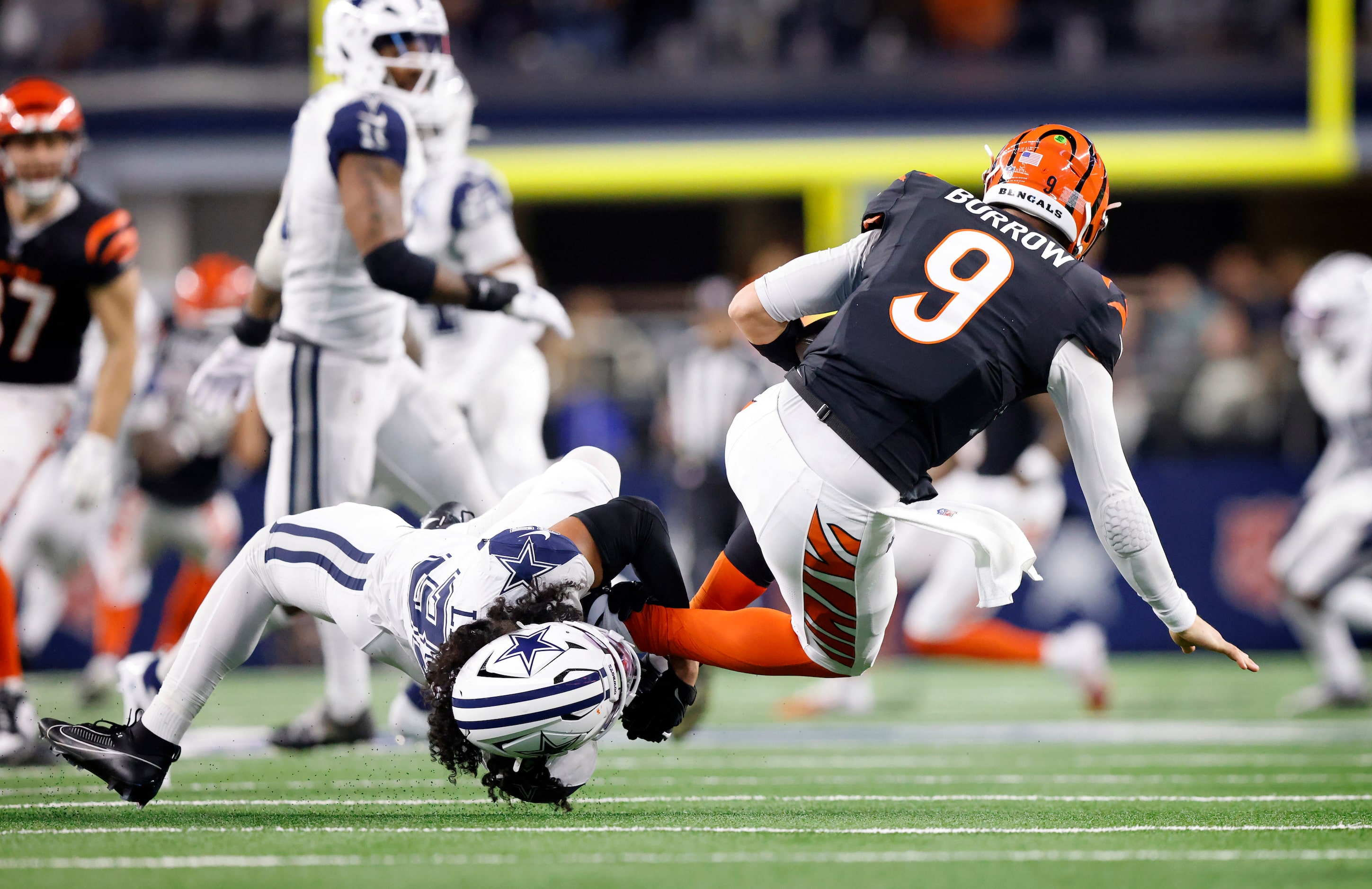 Dallas Cowboys linebacker Marist Liufau (35) sacks Cincinnati Bengals quarterback Joe Burrow...