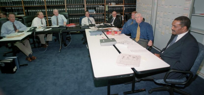 THE DALLAS COWBOYS DRAFT DAY WAR  ROOM: (From left) Walter Juliff/Chan Gailey/ Jerry...