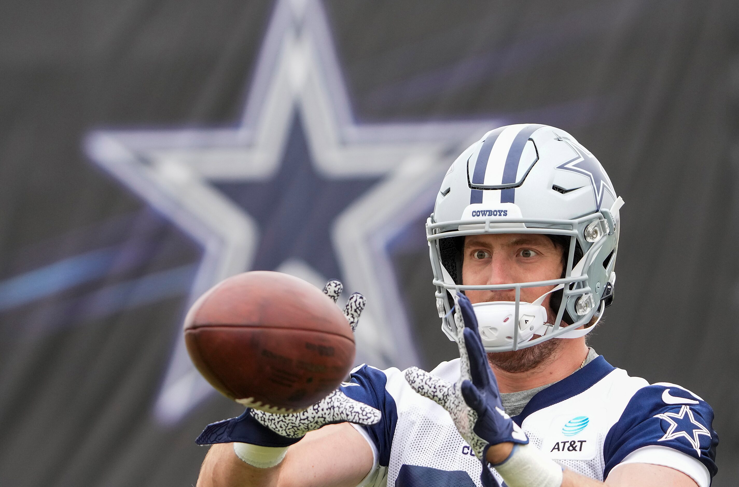 Dallas Cowboys tight end Blake Jarwin (89) catches a ball during a practice at training camp...