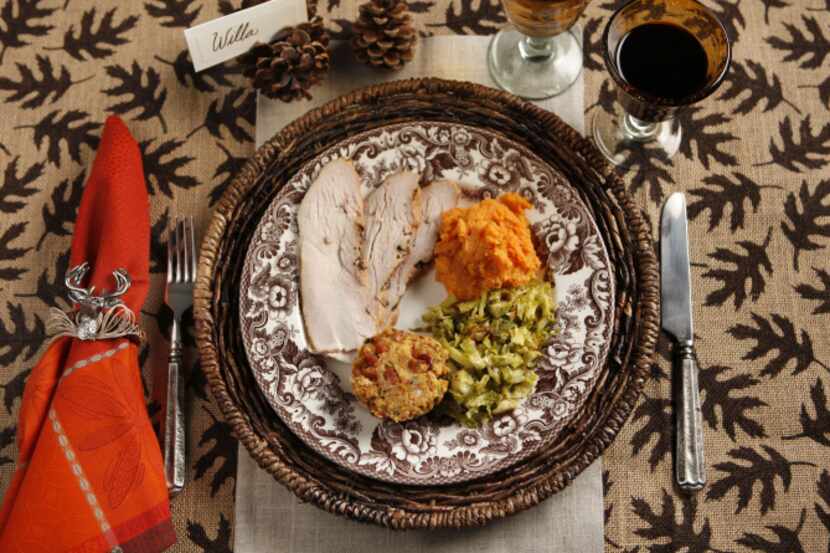 Turkey for this Thanksgiving table is served with Sorghum Sweet Potatoes, Warm Brussels...