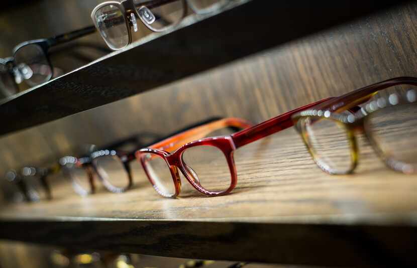 Warby Parker glasses on display.