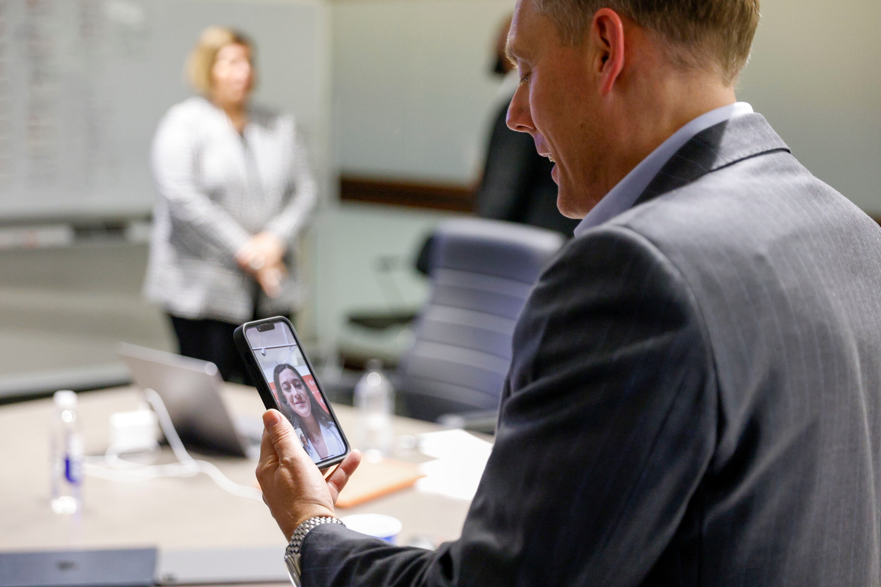 Dallas Wings President and CEO Greg Bibb FaceTimes Maddy Siegrist of Villanova, third...