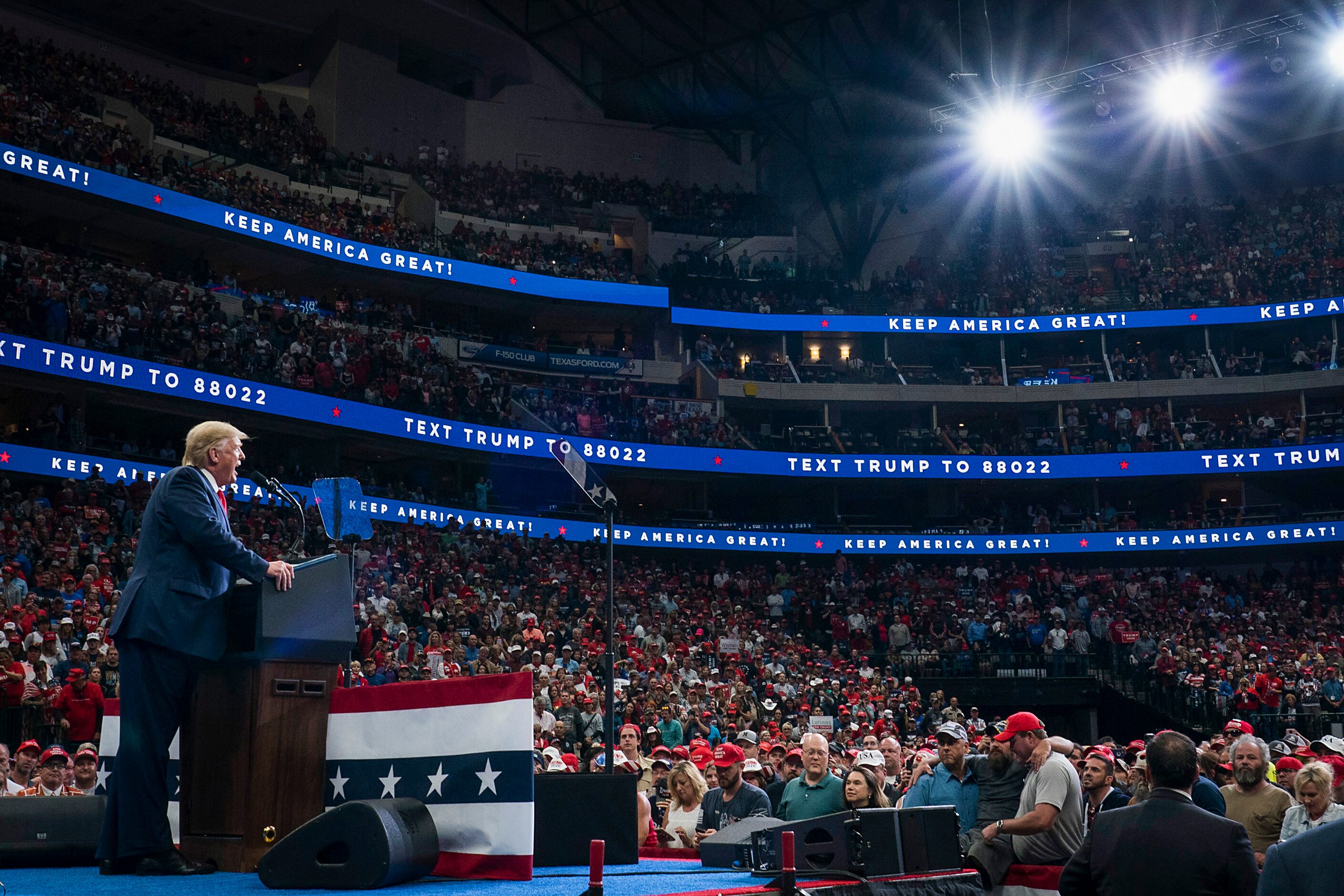 President Donald Trump speaks during a campaign rally at the American Airlines Center on...