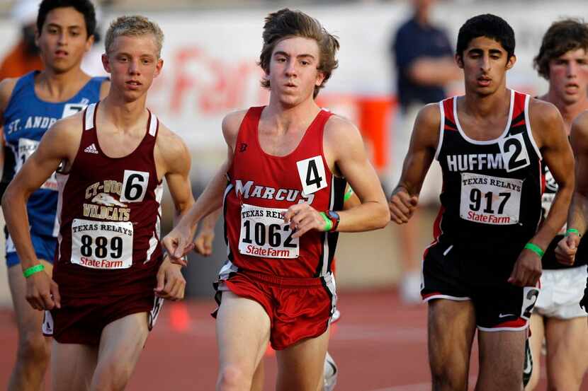 Flower Mound Marcus' Craig Lutz (center, 4) takes off in the start of the 3200 meter...