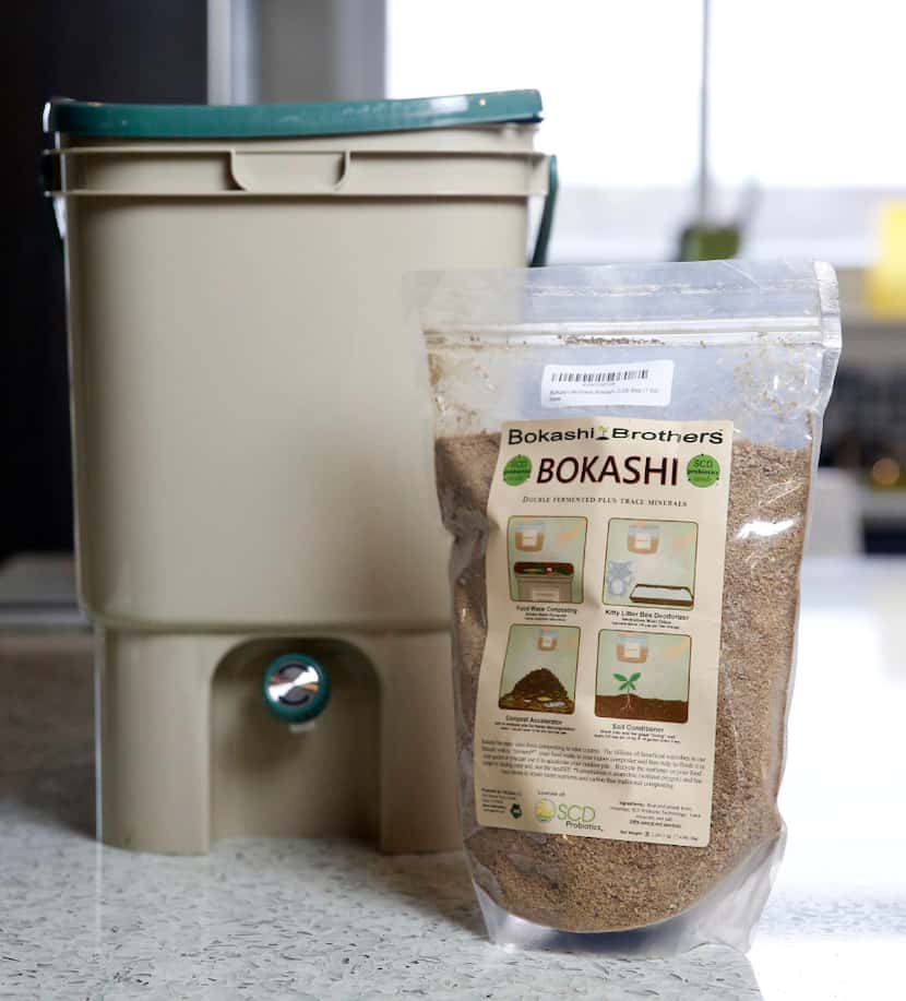 A bokashi compost bucket and bran kit from Bokashi Brothers at the Texas AgriLife Research...