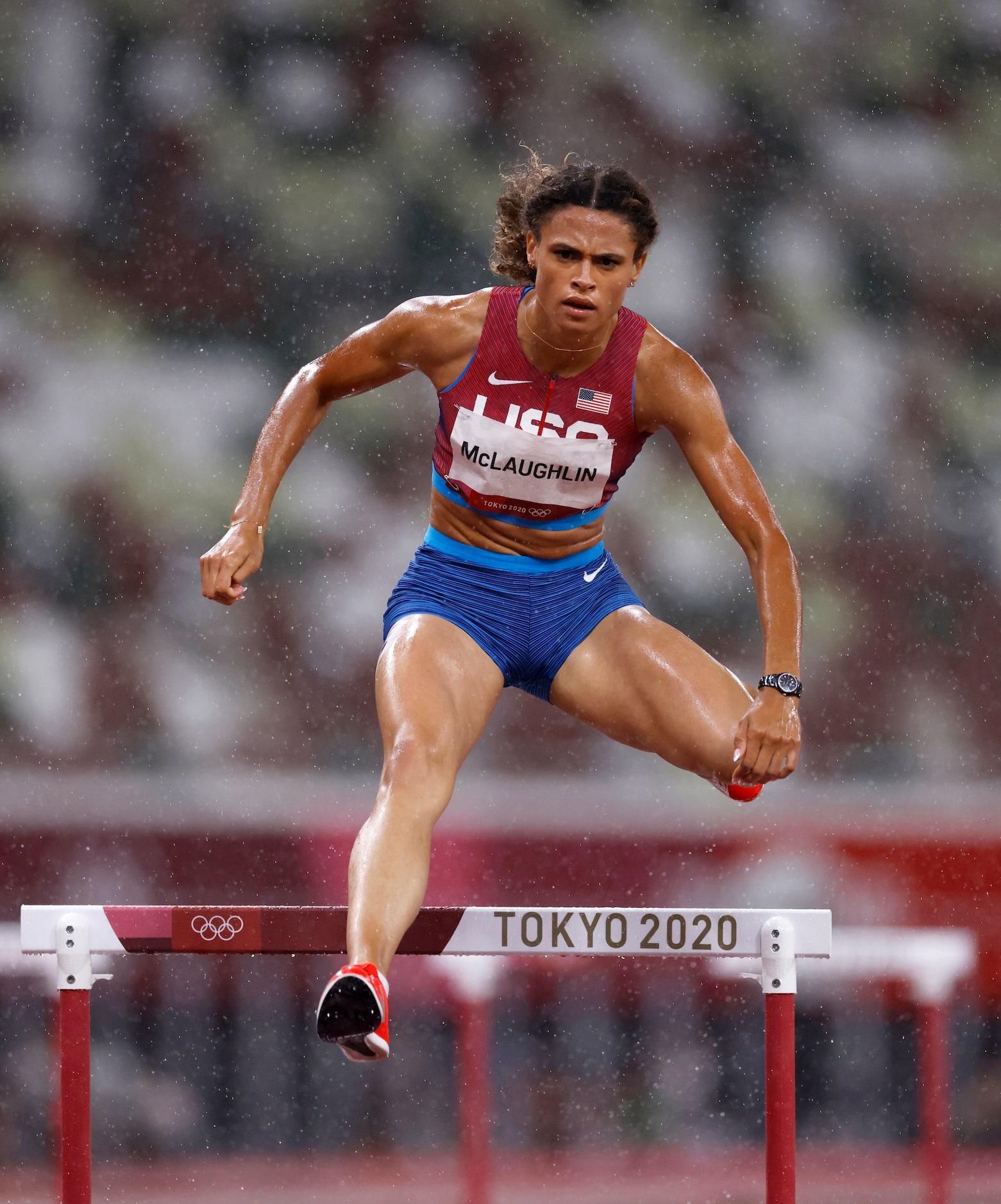 USA’s Sydney McLaughlin competes in the women’s 400 meter hurdles semifinal during the...