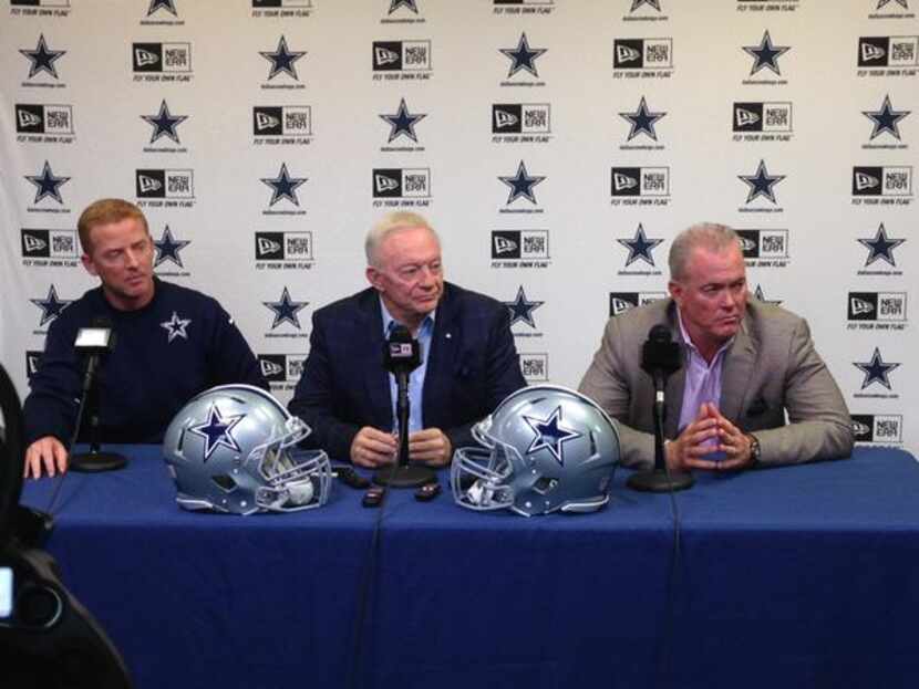 From left to right: Dallas Cowboys coach Jason Garrett, owner Jerry Jones and Executive Vice...