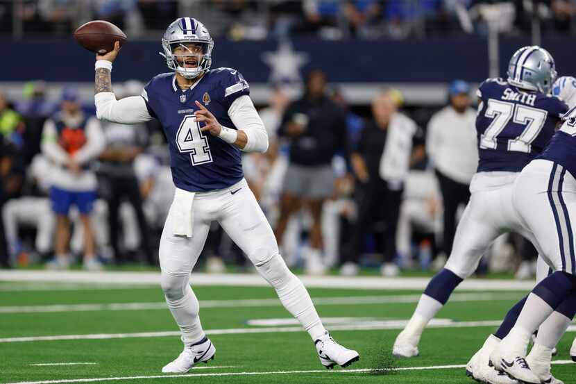 Dallas Cowboys quarterback Dak Prescott (4) throws a pass during the first half of an NFL...