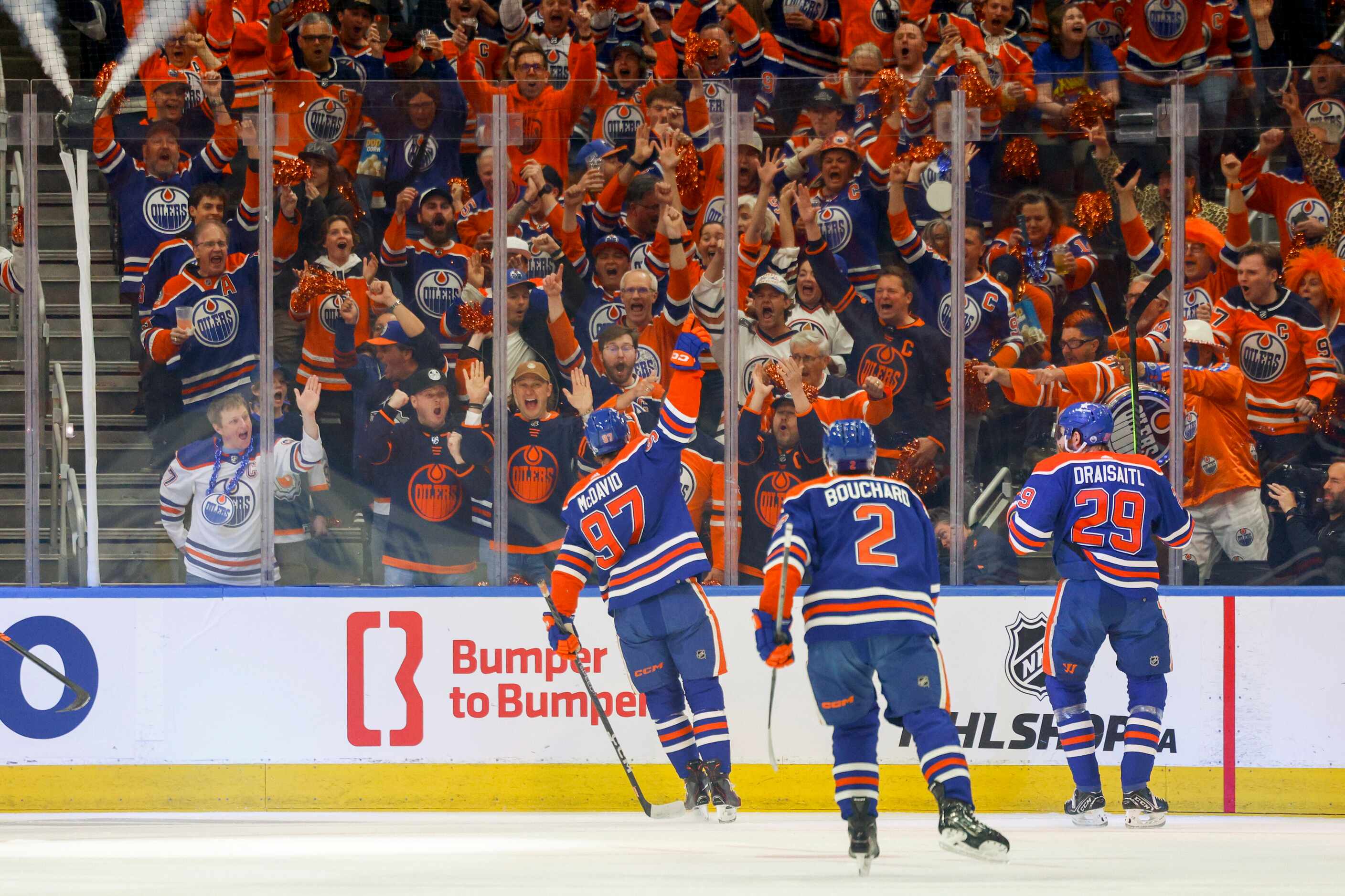 Edmonton Oilers center Connor McDavid (97) celebrates his goal during the first period of...