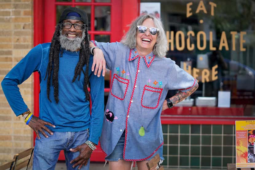 Owner Katherine Clapner (right) and manager Eddie Murphy at Dude Sweet Chocolate in Oak Cliff.