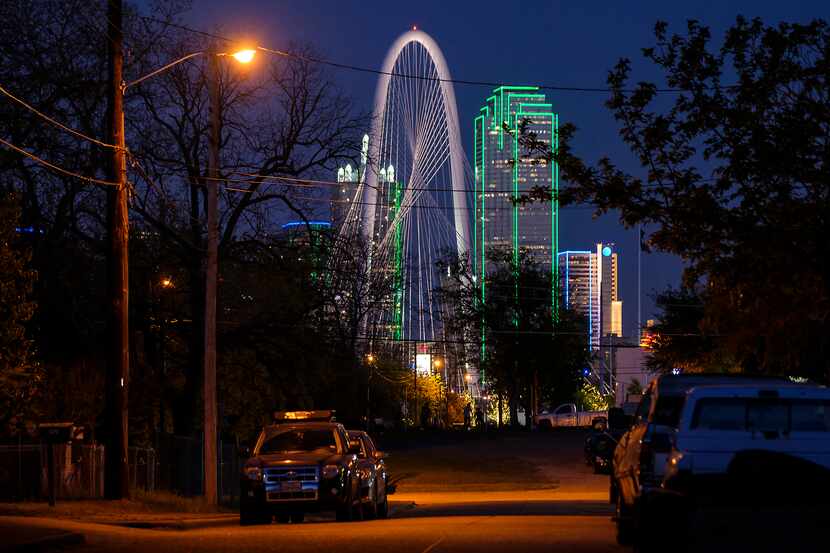 The Margaret Hunt Hill Bridge and Bank of America building highlight the downtown skyline...