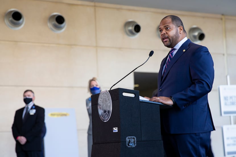 Mayor Eric Johnson speaks during a press conference at Kay Bailey Hutchinson in Dallas on...