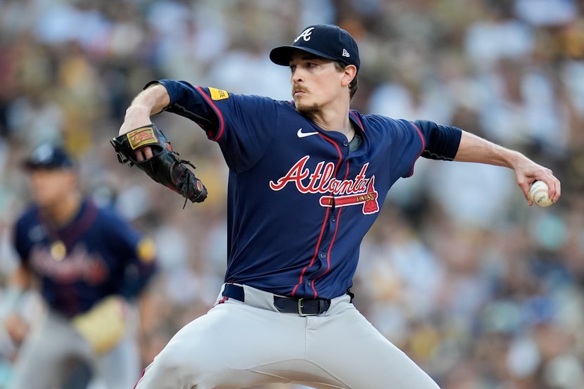 Atlanta Braves starting pitcher Max Fried throws to a San Diego Padres batter during the...