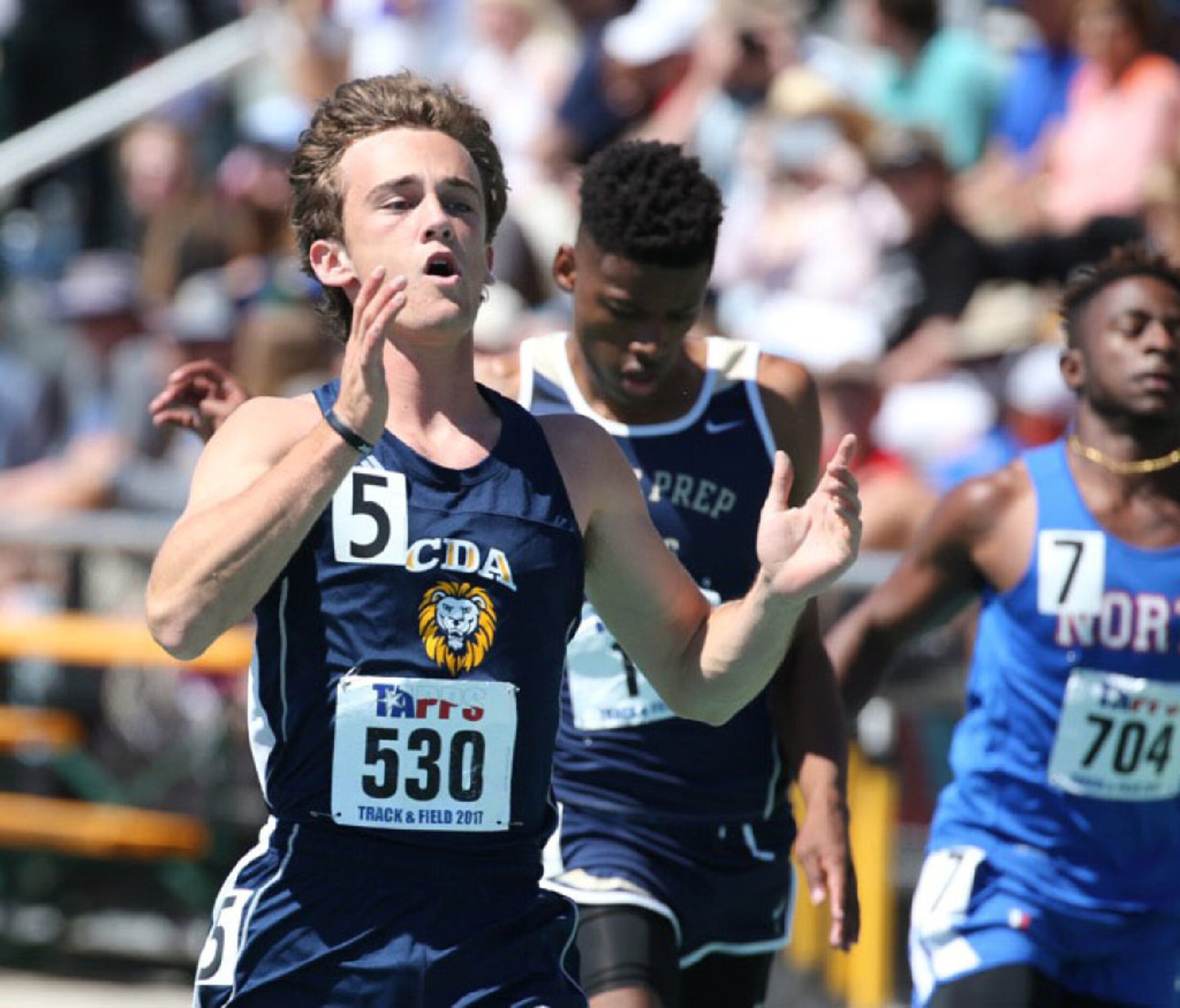 Coral Deon Brooks King finishes first in the 4A mens 100 meter dash at the TAPPS State track...