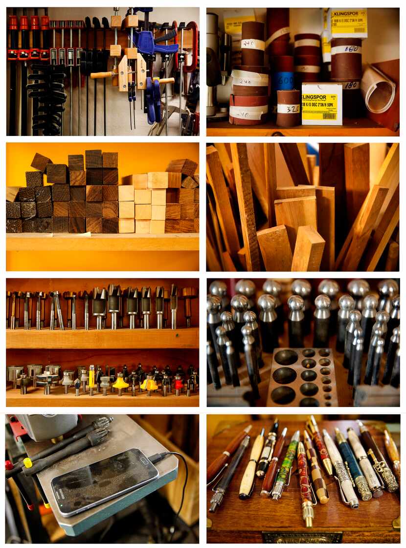 Pieces of Scott Rowe's woodworking shop are pictured clockwise from top left, at their...