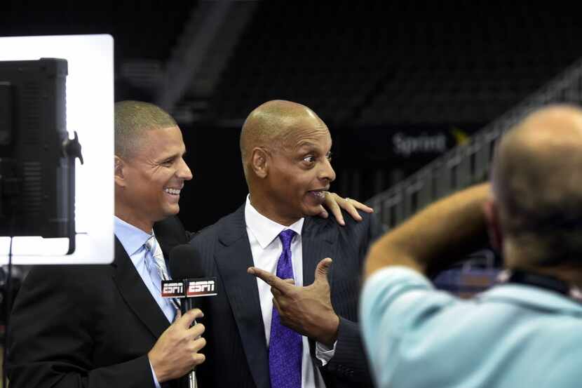 TCU basketball coach Trent Johnson gestures towards ESPN analyst Miles Simon during Big 12...