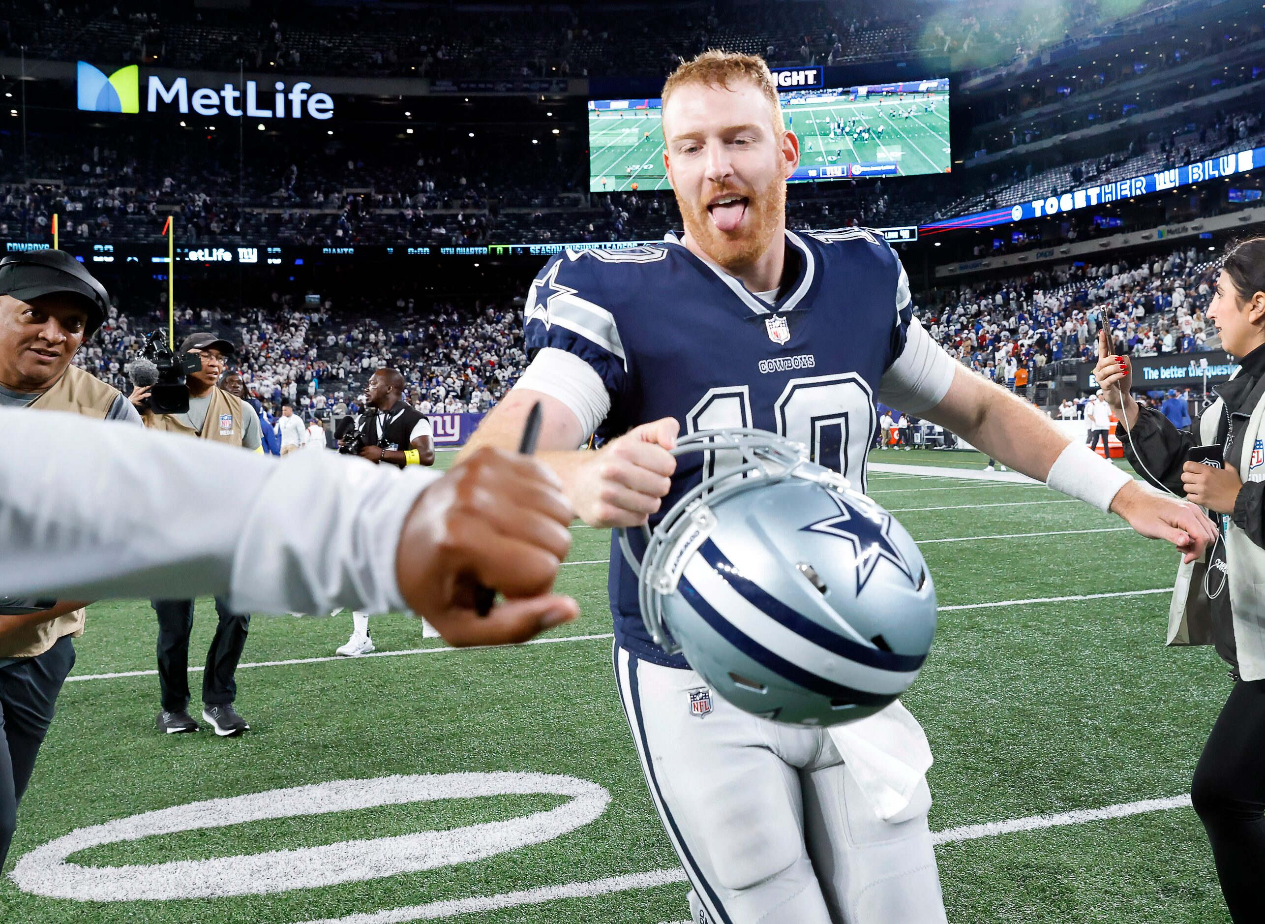 Dallas Cowboys quarterback Cooper Rush (10) is congratulated on his win over the New York...