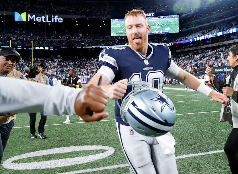 Dallas Cowboys quarterback Cooper Rush (10) is congratulated on his win over the New York...