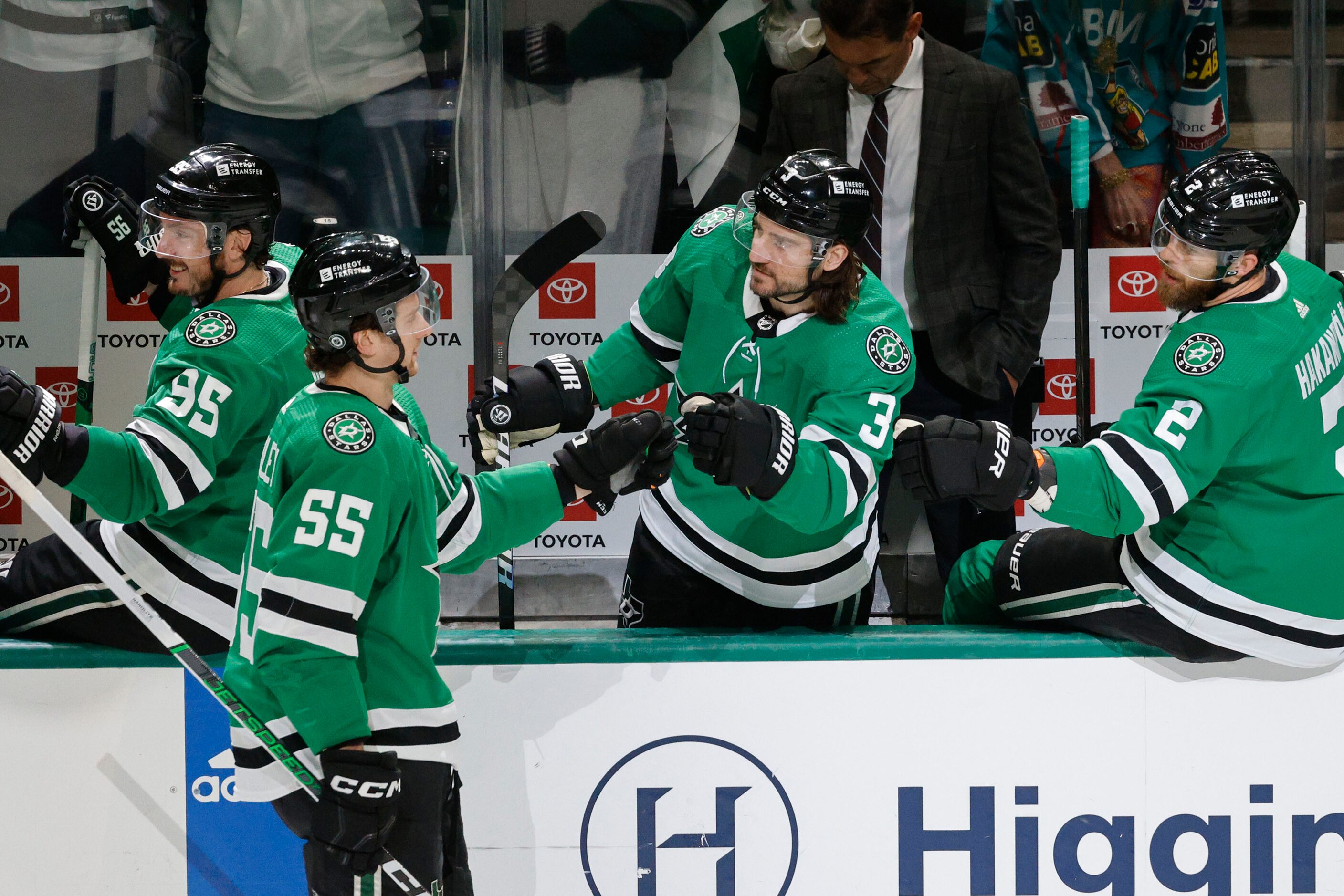 Dallas Stars defenseman Thomas Harley (55) is congratulated after his goal against  Los...