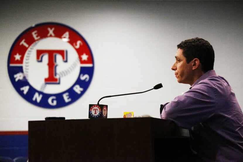 FILE - Rangers general manager Jon Daniels talks with the media after the Rangers' 4-0 loss...