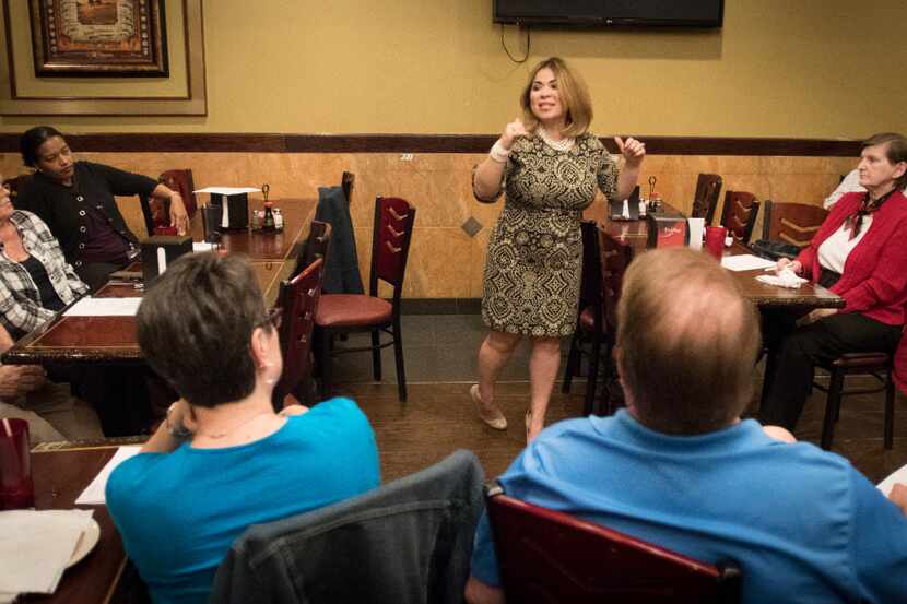 Irving mayoral candidate Elvia Espino spoke at a meeting of the Irving Democratic Women Club...