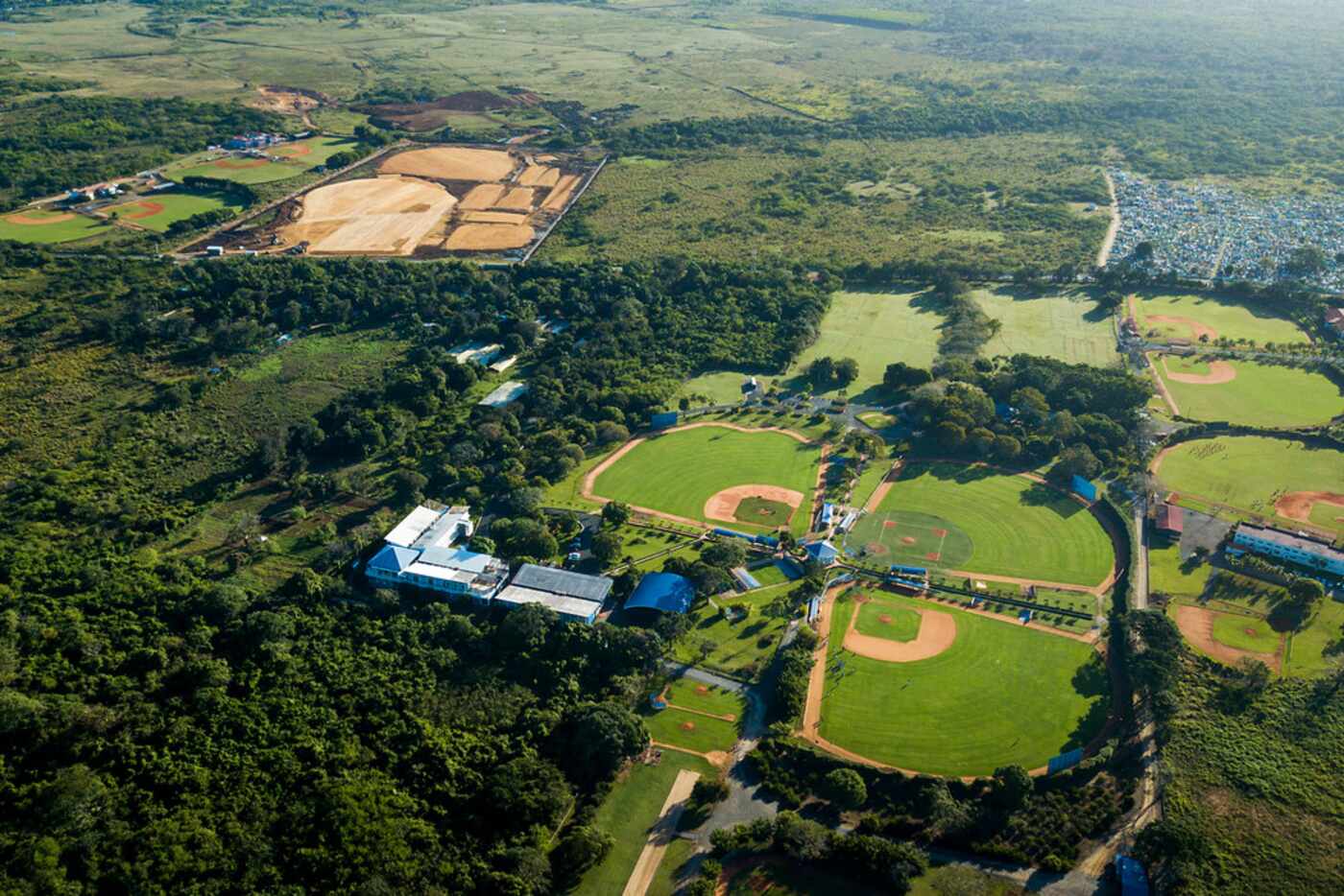 The New York Mets facility is seen at bottom, and dirt work is seen at the Texas Rangers...